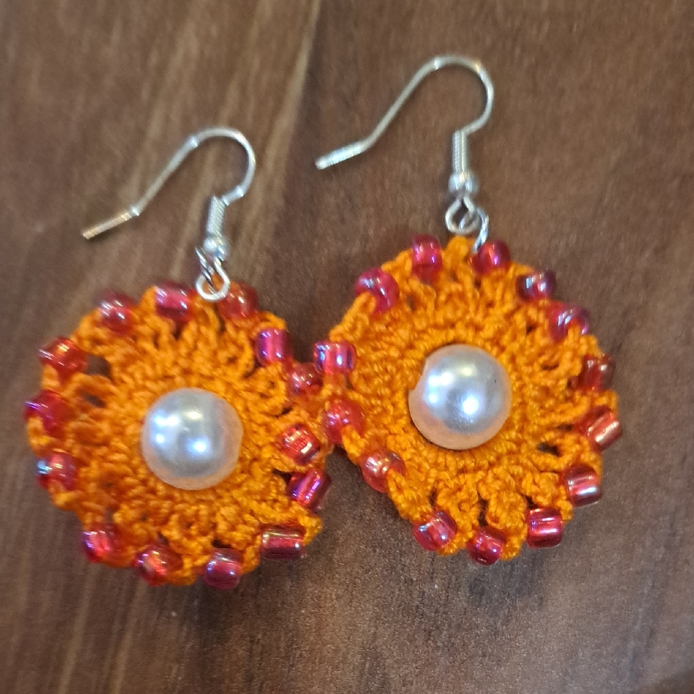 Hippie 70's Vibe Handcrafted Orange Crochet Earrings with Pearls.